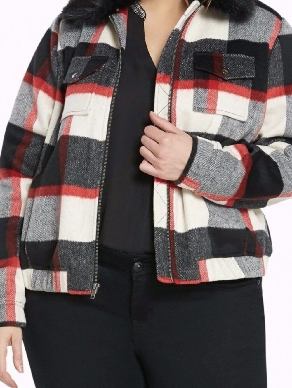 Torrid Plaid Bomber Jacket  - Black/White/Red #0275